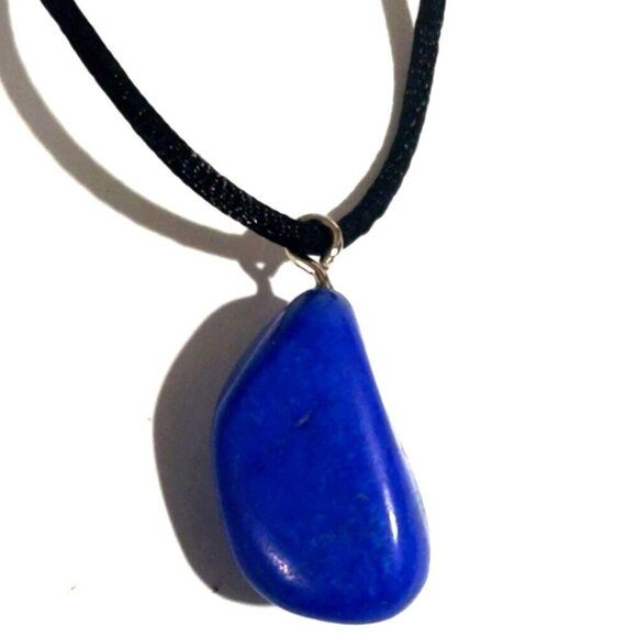 Natural Blue Stone Pendant Necklace on Black Cord - Unisex Bohemian Jewelry - Picture 1 of 7